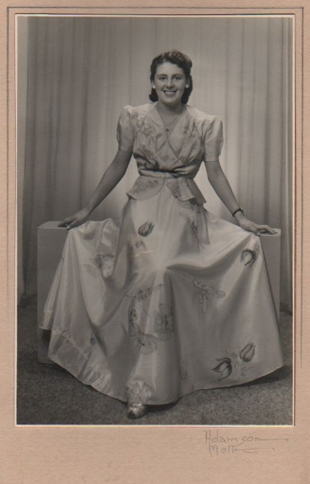 Dorothy on her 21st birthday wearing a dress she made herself and the necklace that Bill gave her