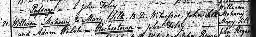 Marriage of
           William Mahony & Mary Silk 1804